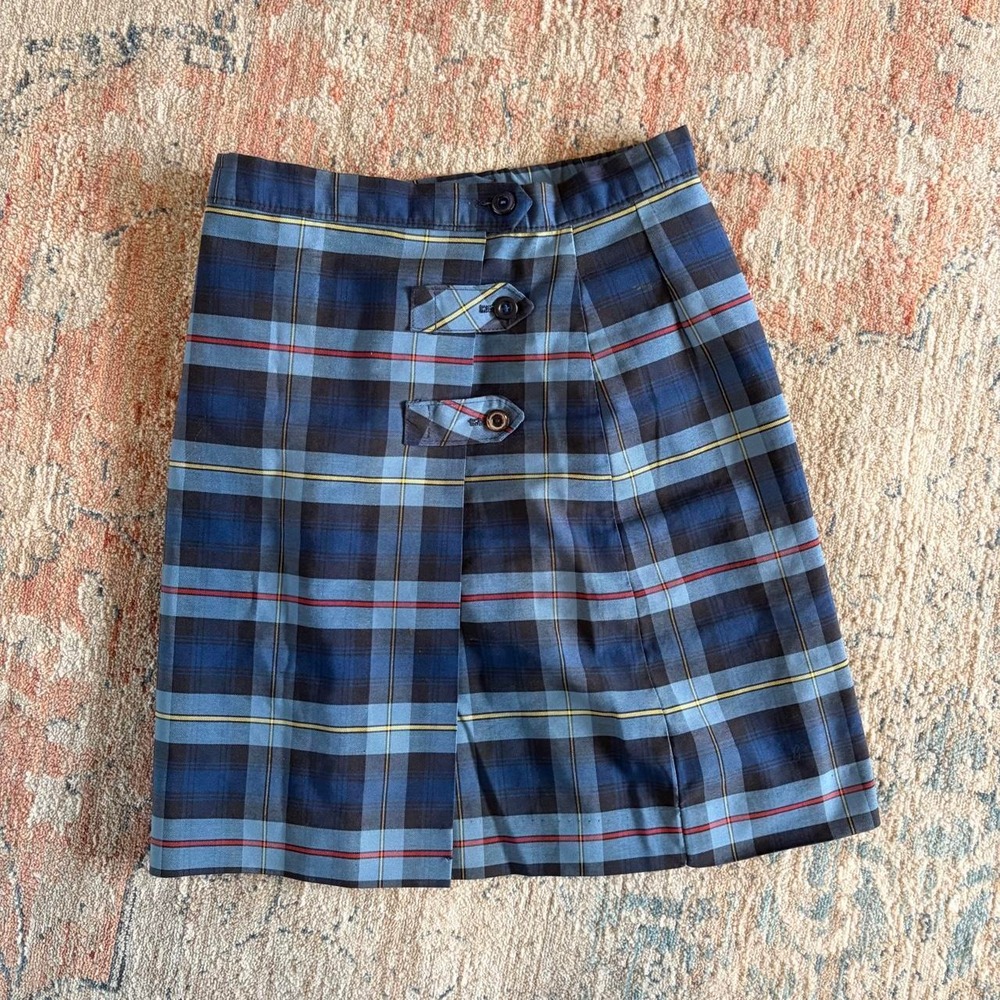 Vintage Plaid Mini Skirt Blue Striped Preppy School Girl Pleated Wrap USA Made